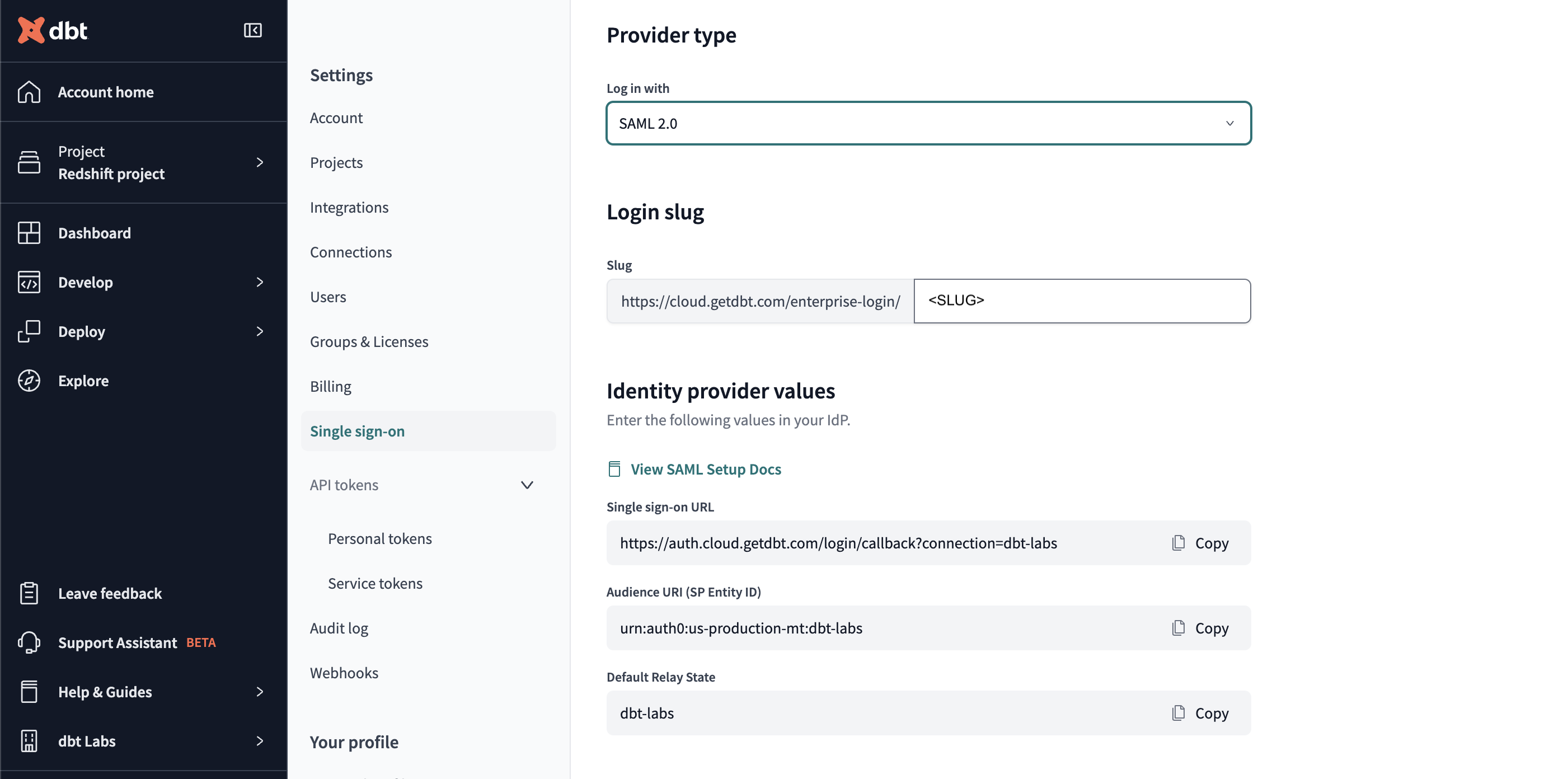 Example of the identity provider values for a SAML 2.0 provider Example of the identity provider values for a SAML 2.0 provider